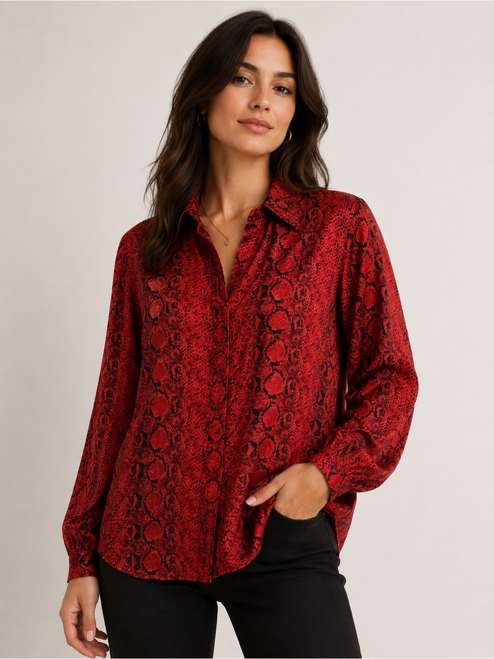 Vintage Piano 100% Silk Red Snake Print Button Blouse Women’s Bold Animal Print